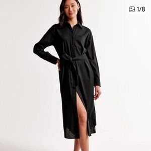 NWT Abercrombie & Fitch Linen-Blend Black Mid Length Belted Shirt Dress